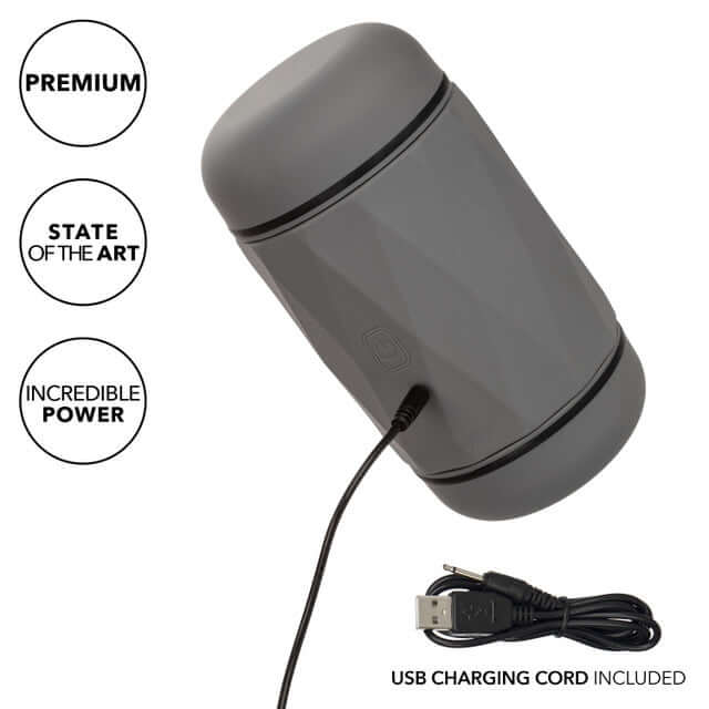 Milk Master Vibro Squeeze Pussy in sleek gray design, featuring USB charging cord for premium, powerful pleasure.
