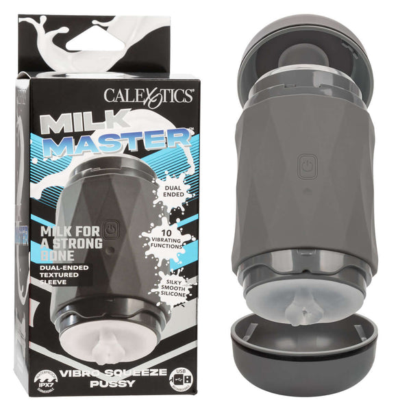 Milk Master Vibro Squeeze Pussy masturbation device with dual-ended design and 10 vibrating functions.