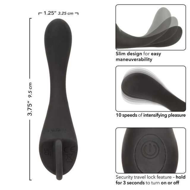 Dr. Joel Kaplan Rechargeable Prostate Locator with slim design, 10 vibration speeds, and travel lock feature for enhanced pleasure.