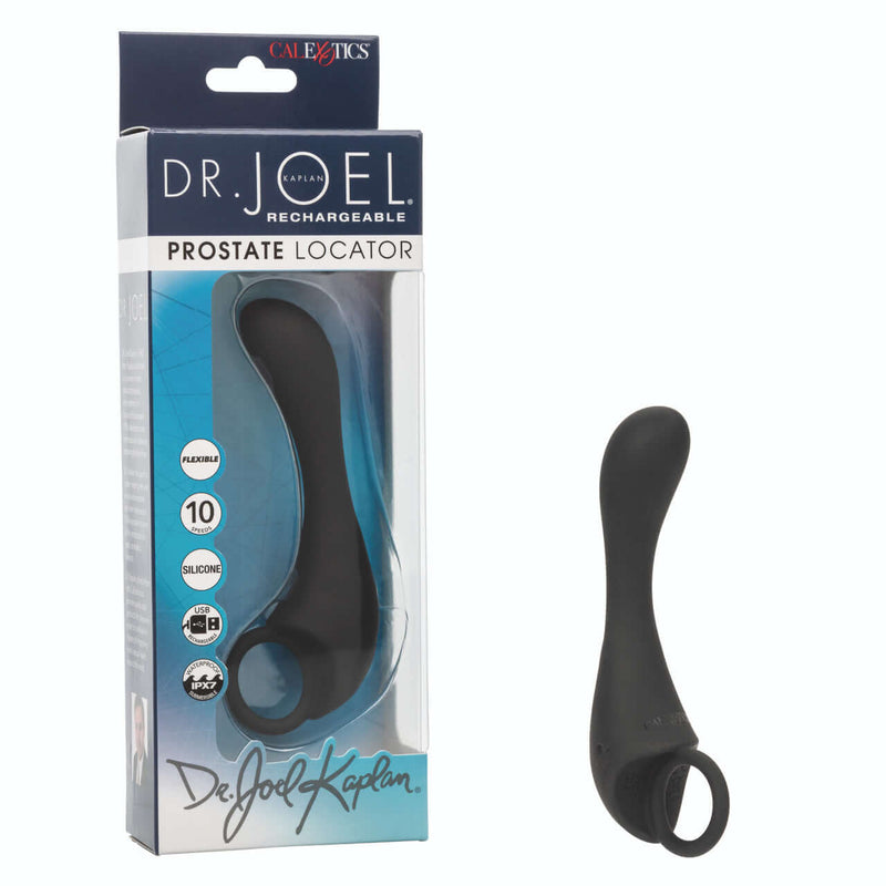 Dr. Joel Kaplan Rechargeable Prostate Locator with 10 vibration speeds and retrieval ring, featuring its packaging box.