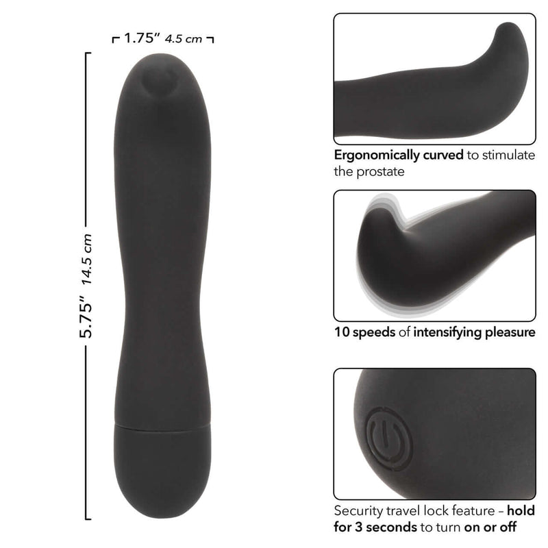 Dr. Joel Kaplan Rechargeable Prostate Probe with ergonomic curve, 10 vibration speeds, and travel lock feature for targeted stimulation.