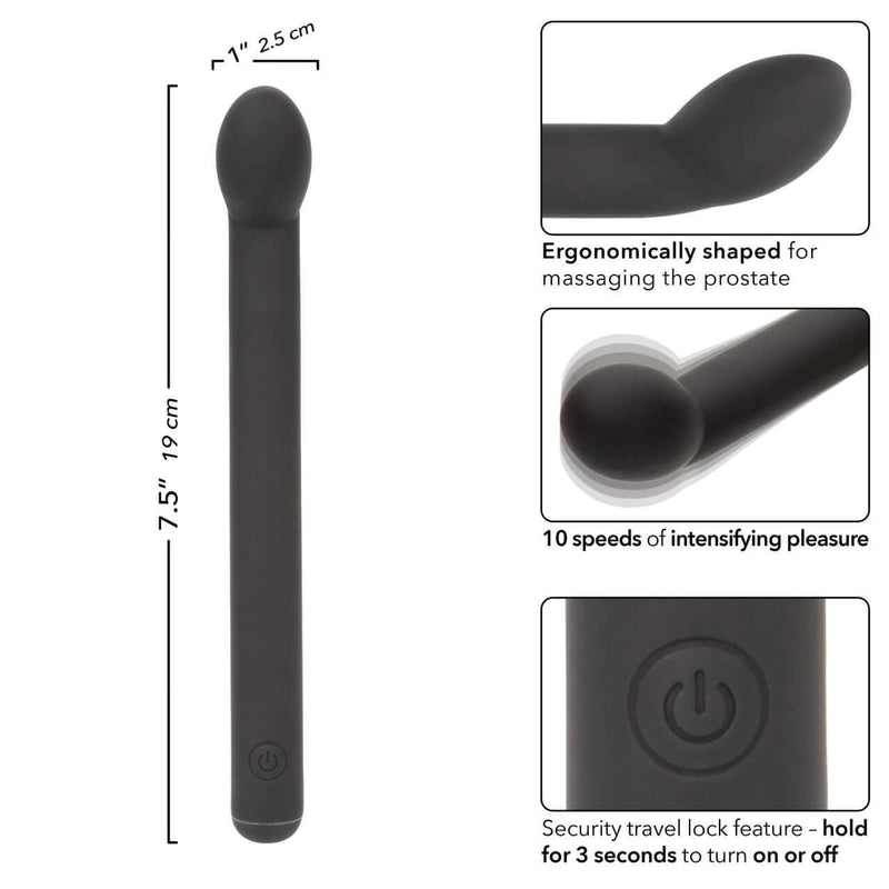 Dr. Joel Kaplan Rechargeable Prostate Massager with ergonomic design, showing vibration speeds and travel lock feature.