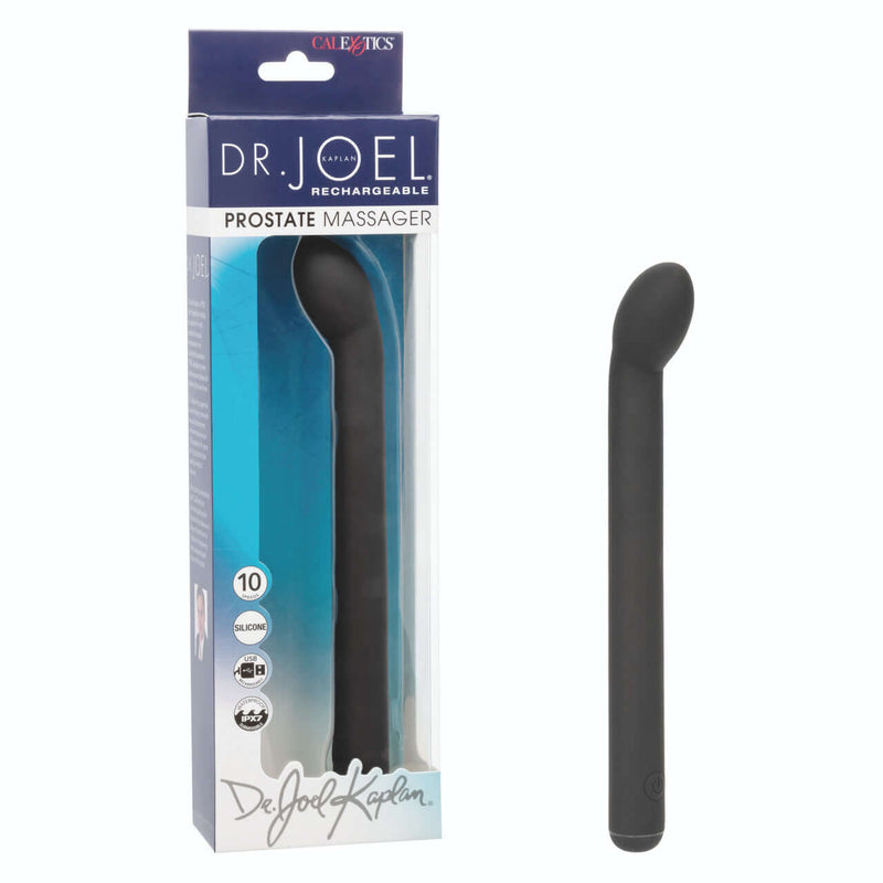 Dr. Joel Kaplan Rechargeable Prostate Massager with 10 vibration speeds, shown with packaging and sleek black ergonomic design.