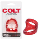 COLT XL Snug Tugger Cock Ring Scrotum Support Red packaging and product showcasing dual support for stronger erections.