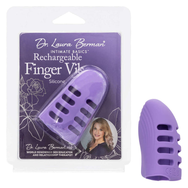Dr. Laura Berman Rechargeable Finger Vibe packaging and purple silicone dual-finger sleeve.