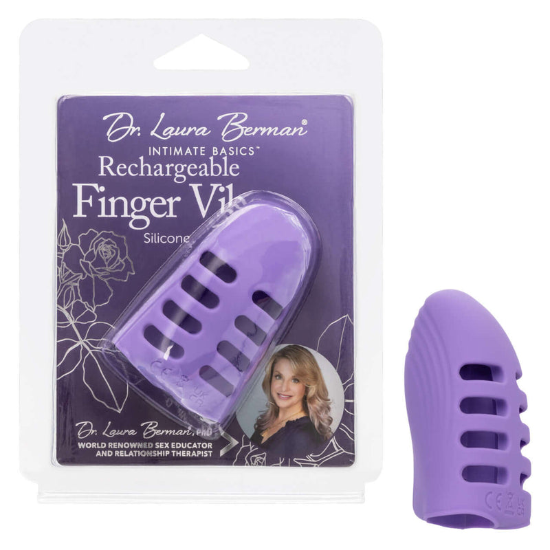 Dr. Laura Berman Rechargeable Finger Vibe packaging and purple silicone dual-finger sleeve.