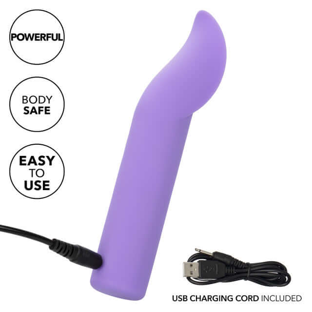 Dr. Laura Berman Rechargeable Flutter Vibrator in purple with USB charging cord, powerful, body safe, and easy to use.