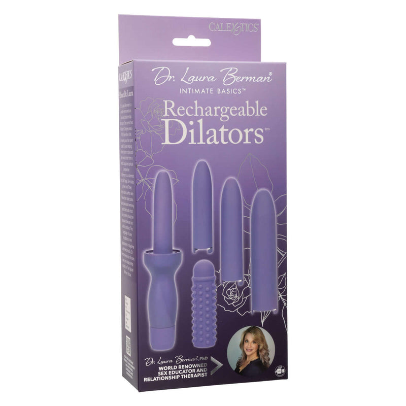 Dr. Laura Berman Rechargeable Dilators Set packaging showing 4 interlocking vibrating dilators for flexibility and comfort enhancement