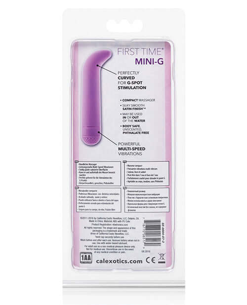 Purple First Time Mini G Vibe packaging for G-spot stimulation with multi-speed vibrations by California Exotic Novelties.