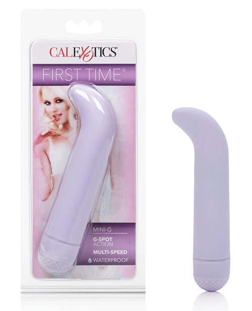 Purple First Time Mini G Vibe for G-Spot stimulation, with smooth satin finish and adjustable multi-speed settings.