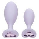 First Time Crystal Booty Duo silicone anal plugs in purple with heart crystal inlay base, 2 pack.