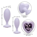 Two silicone anal plugs with heart crystal inlays, showcasing sizes and features for beginners in purple.