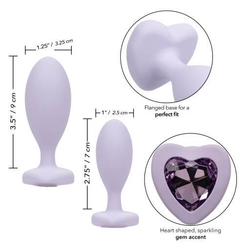 Two silicone anal plugs with heart crystal inlays, showcasing sizes and features for beginners in purple.