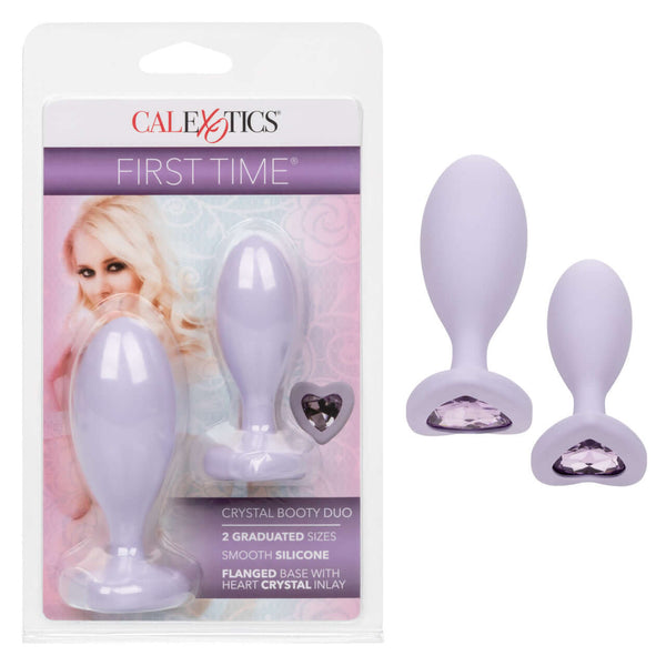 First Time Crystal Booty Duo Silicone Anal Plug set in purple, featuring 2 graduated sizes and heart crystal inlays.