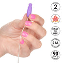 Whisper Micro Heated Purple Vibrator in hand showcasing its compact design and features like self-heating and easy use.