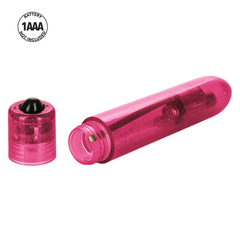 Shane's World Sparkle Bullet Vibrator Pink open showing battery compartment and 1 AAA battery symbol