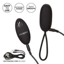 Silicone Remote Controlled Rechargeable Vibrating Egg with remote and USB charging cord, showcasing easy use and silky smooth design.