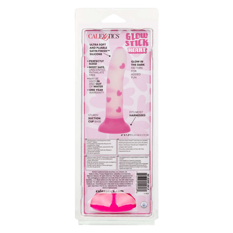 Glow Stick Heart Dildo in packaging featuring a glow-in-the-dark heart pattern and made from ultra-soft Satin Finish Silicone.