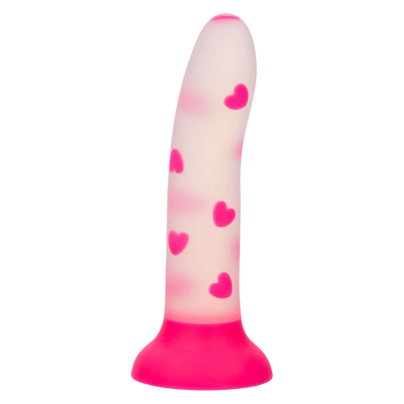 Glow Stick Heart Dildo with glow-in-the-dark heart pattern, made from satin finish silicone, designed for a playful intimate experience