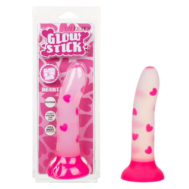 Glow Stick Heart Dildo with glow-in-the-dark heart design, shown in packaging and separately, made of satin finish silicone.