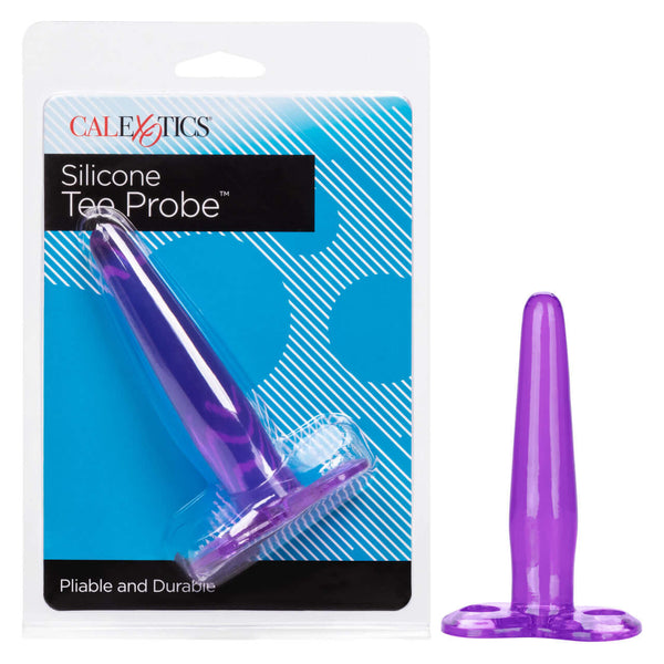 Silicone Tee Probe Purple by California Exotic Novelties - Slim Anal Butt Plug in Packaging and Displayed Unboxed