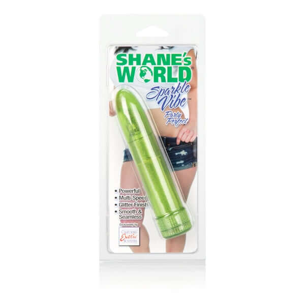 Shane's World Sparkle Green Vibe in packaging, compact glittery multi-speed vibrator by California Exotic Novelties.