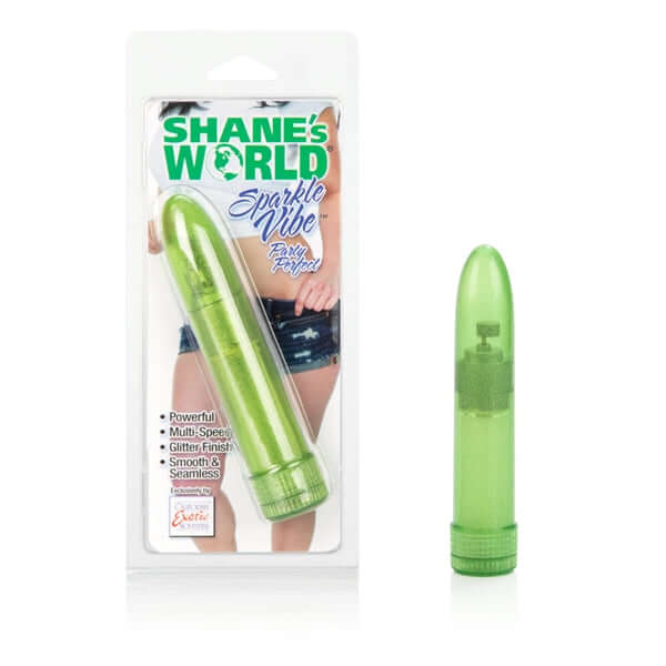 Shane’s World Sparkle Green Vibe, glittery multi-speed vibrator in packaging, by California Exotic Novelties, 4.5 inches.