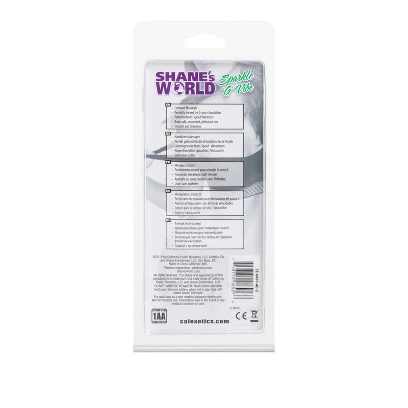 Packaging for Shane's World Sparkle G-Vibe Purple G-Spot Vibrator by California Exotic Novelties showing features and product details.