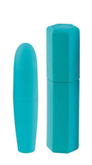 Teal Vibe-2-Go Vibrator Set with matching travel case, featuring discreet design and Rubber-Cote finish for travel convenience.