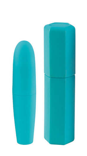 Teal Vibe-2-Go Vibrator Set with matching travel case, featuring discreet design and Rubber-Cote finish for travel convenience.