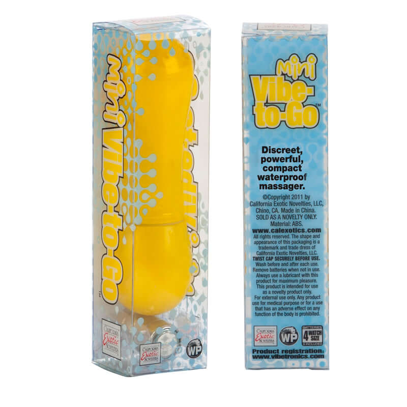 Yellow Mini Vibe-to-Go compact powerful discreet vibrator in packaging with product details.