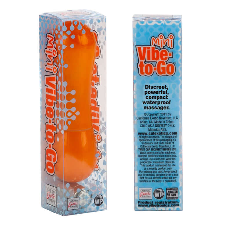 Mini Vibe-to-Go Orange Massager in packaging, discreet and compact waterproof vibrator for women, powerful on-the-go pleasure.