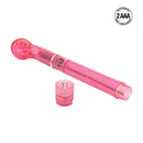 Clit Exciter Pink Hard Vibrator with spoon-shaped head, showcasing multi-speed and waterproof features, battery compartment visible.