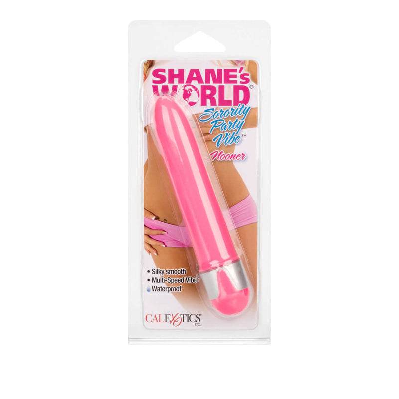 Shane's World Sorority Party Vibe Nooner Pink vibrator in packaging, featuring silky smooth design and waterproof feature.