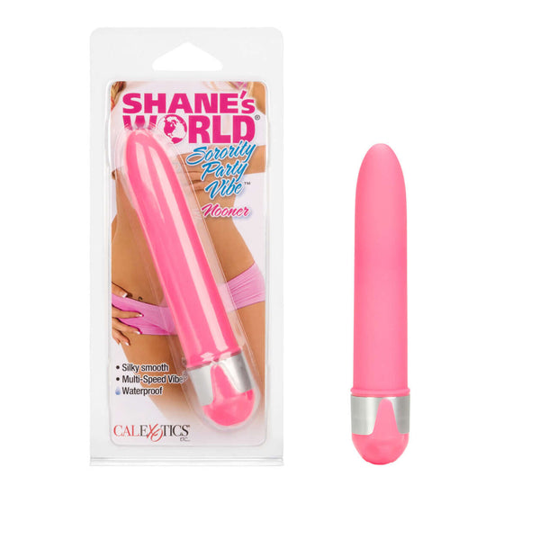 Shane's World Sorority Party Vibe Nooner Vibrator in Pink packaging, sleek design, perfect for discreet pleasure.