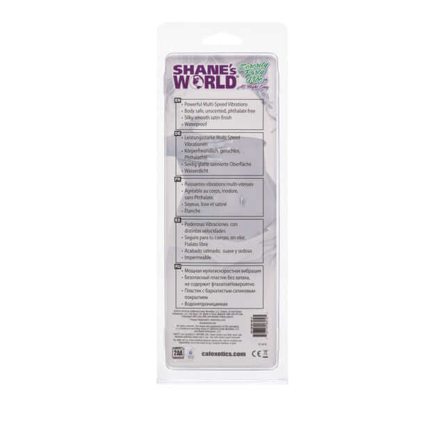 Back packaging of Shane's World Sorority Party All Night Long Purple Hard Vibrator showing product features and specifications.