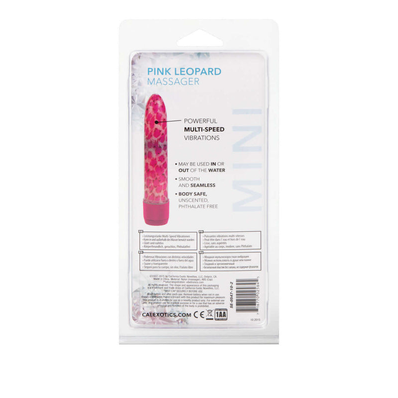 Packaging of Pink Leopard Mini Massager showing powerful multi-speed vibrations by California Exotic Novelties.
