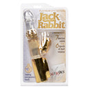 Platinum Jack Rabbit Vibrator Gold packaged, showcasing 7 functions and 6 speeds of pleasurable rotation.