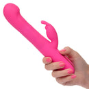 Pink Jack Rabbit Elite Beaded G Rabbit vibrator held in hand, featuring G-spot stimulation and clitoral teaser.