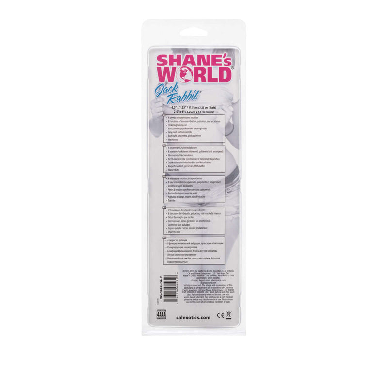 Back packaging of Shane's World Jack Rabbit Vibrator in Pink by California Exotic Novelties