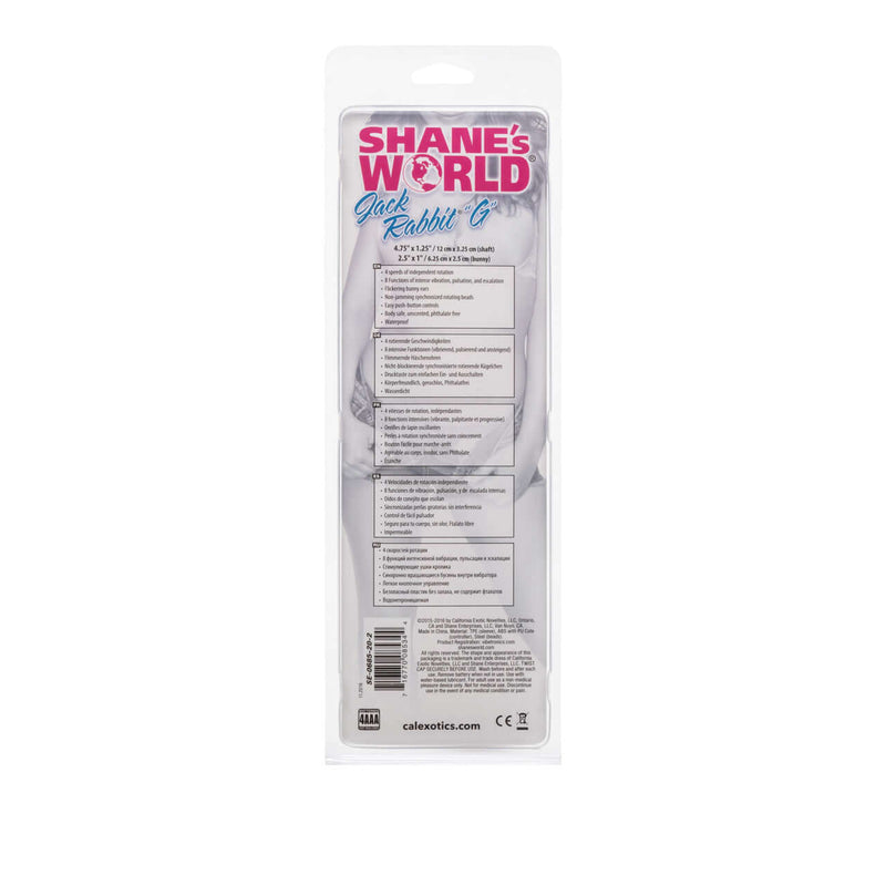 Packaging of Shane's World Jack Rabbit G Vibrator Pink featuring product details and specifications on the back.