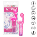 Butterfly Kiss Pink Vibrator packaging featuring 3 speeds, waterproof design, and easy push button control.