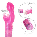 Butterfly Kiss Pink Vibrator showing curved design, battery compartment, and control for 3 powerful speeds.