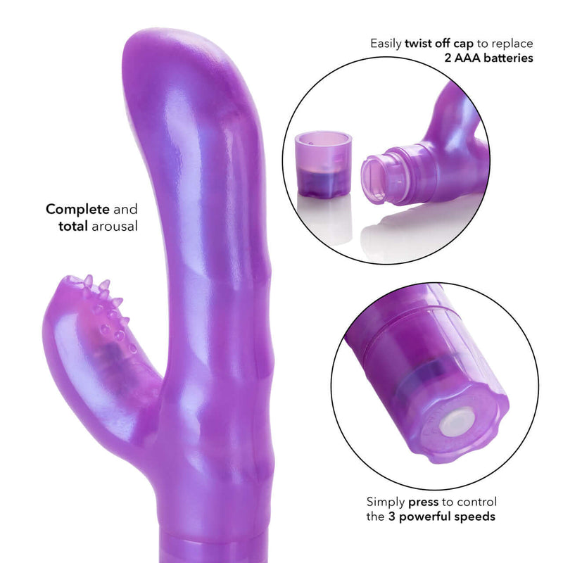 G-Kiss Purple Vibrator with dual motors, easy-to-replace batteries, and controls for 3 powerful speeds for G-Spot and clitoral arousal