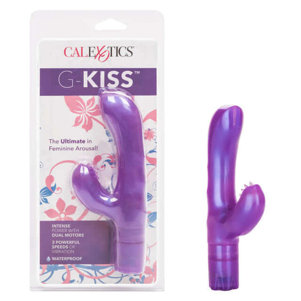 G-Kiss Purple Vibrator with Dual Motors for G-Spot and Clitoral Arousal in packaging and unit shown separately.