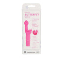 Silicone Butterfly Kiss Vibrator Pink packaging showcasing ergonomic dual-stimulation design for targeted pleasure.