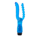 Dual Penetrator Blue Vibrator designed for simultaneous vaginal and anal stimulation with a flexible, dual-ended design.