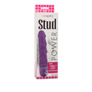 Power Stud Rod Dong Purple Vibrator packaging showcasing waterproof, realistic design for powerful stimulation.