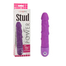 Power Stud Rod Dong Purple Vibrator alongside its packaging featuring a waterproof and flexible design.
