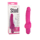 Power Stud Cliterrific Vibrator 6.75 inch Pink next to its packaging highlighting its features.